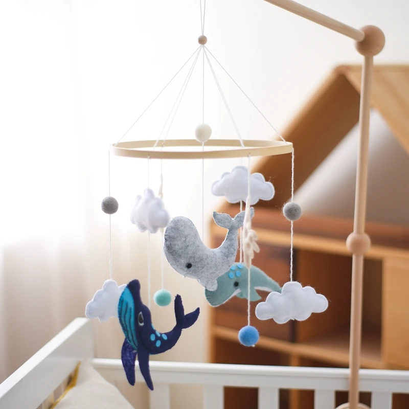 Bebê de madeira cama sino dos desenhos animados oceano animais pingente musical bebê pendurado brinquedo berço móvel suporte de brinquedo de madeira