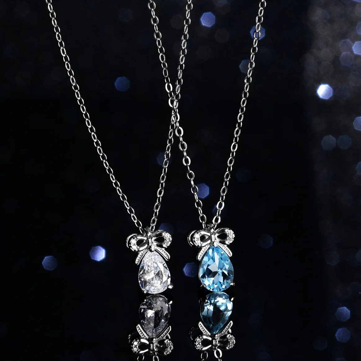 

18K Gold Natural Blue Topaz Moissanite Necklace Women's One Carat Bow Water Droplet Platinum PT950 Collarbone Chain