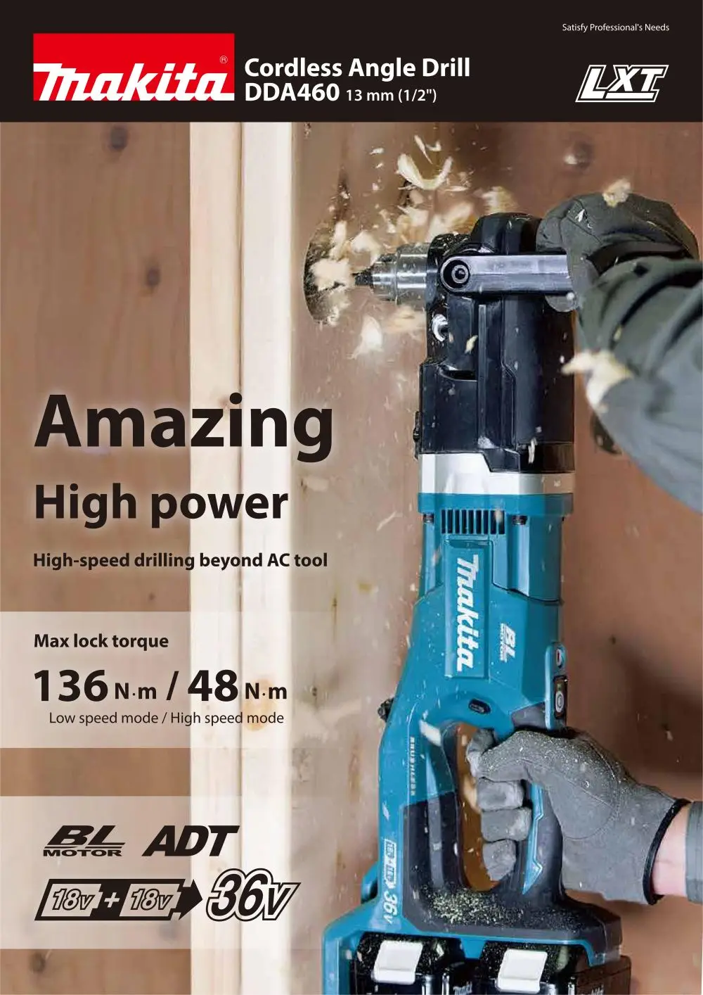 Makita DDA460ZK LXT Brushless Cordless 13mm Angle Drill 36V Lithium Power Tools 1400RPM 136NM