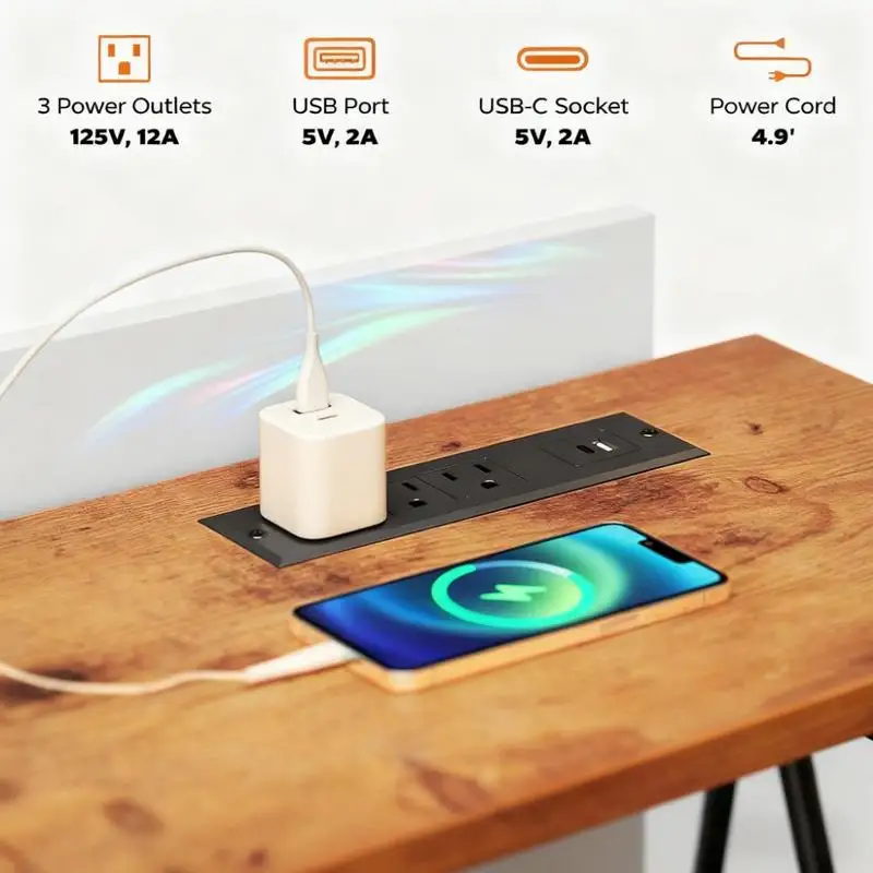 مكتب زاوية مع درج ملفات ومنافذ طاقة وأضواء LED للاستخدام المنزلي/المكتب