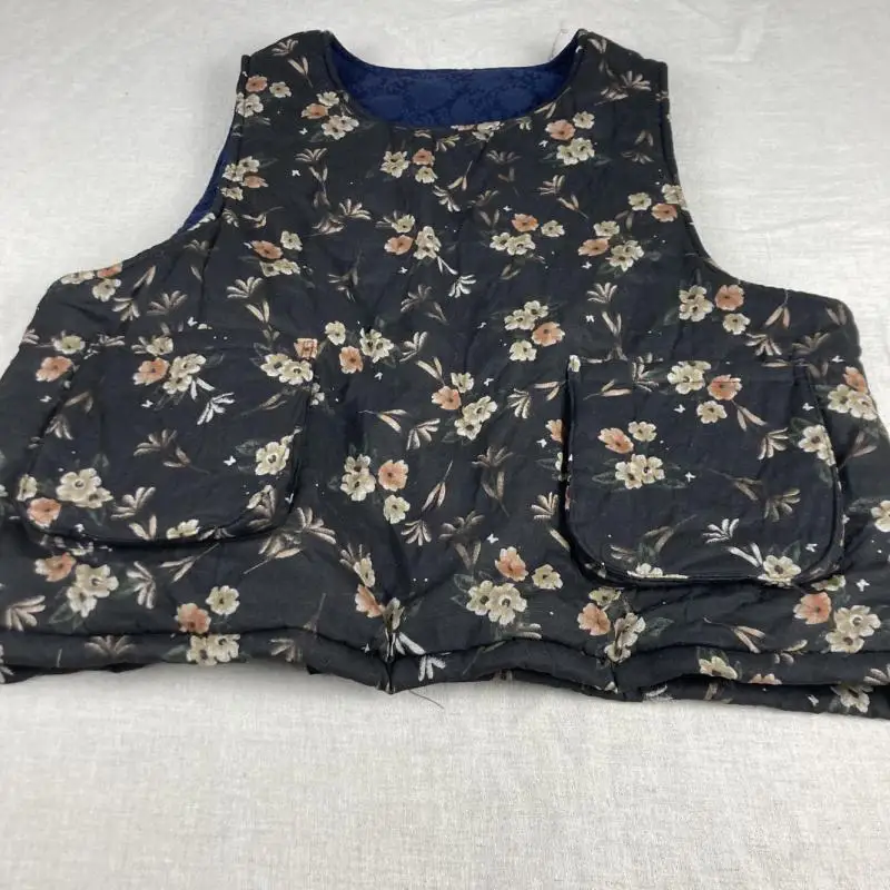 Autumn Winter Arts Style Women Loose O-neck Sleeveless Coats Double Pockets Vintage Floral Thick Cotton Linen Pullover Vest  T45