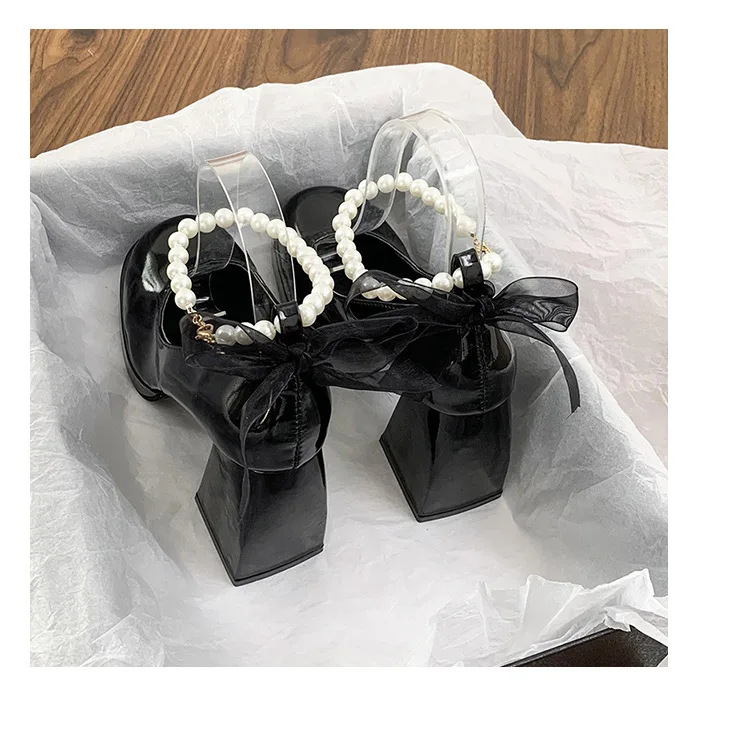 Bowtie Mary Janes Shoes Women High Heels String Bead Chunky Shoes 2024 Dress Lolita Party Shallow Pumps Femme Zapatos