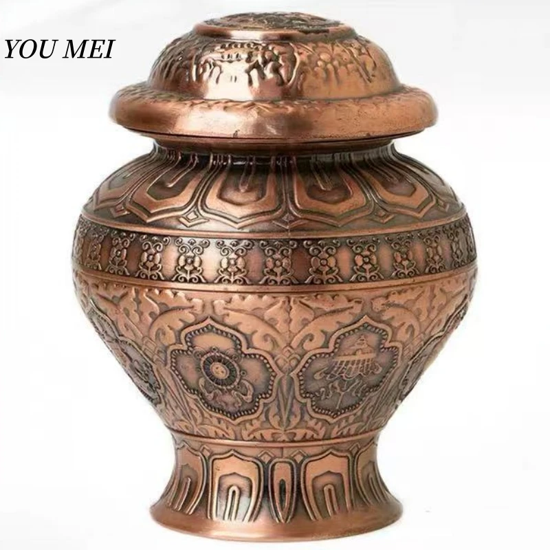 Tibetan-Style Jar,Engraving Tibetan Eight Auspicious Pattern Food Organizer Metals Storage Box,Buddhist Item Home Decorative