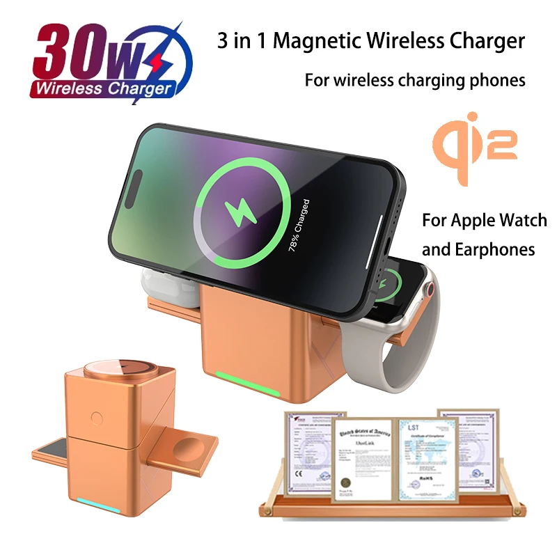 

Qi2 3in1 сенсорная вращающаяся магнитная беспроводная зарядная док-станция для iPhone Samsung Huawei станция быстрой зарядки для Apple iWatch Airpods