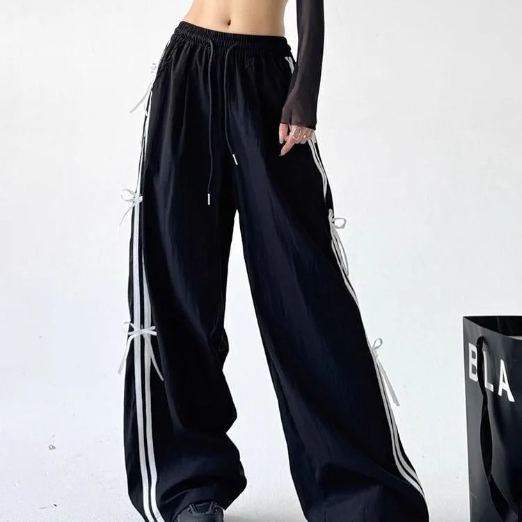 XIZOU American Style Retro Side Stripe Knot Dstring Wide Leg Pants Women High Waist Casual Sports Trousers Workwear Straight