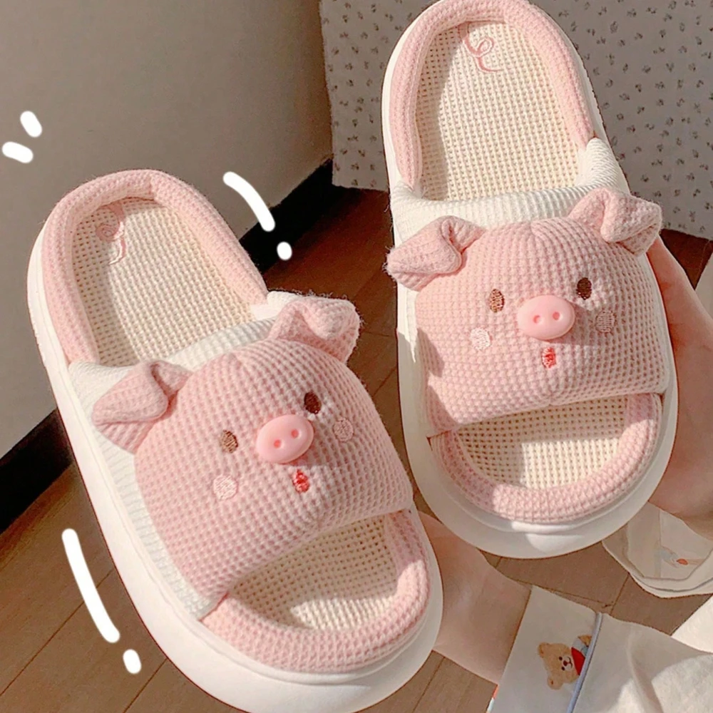 2023 New Pink 3.5cm Fashion Soft Ladies Casual Cute Piggy Pattern Design Comfortable Female Linen Home Slippers