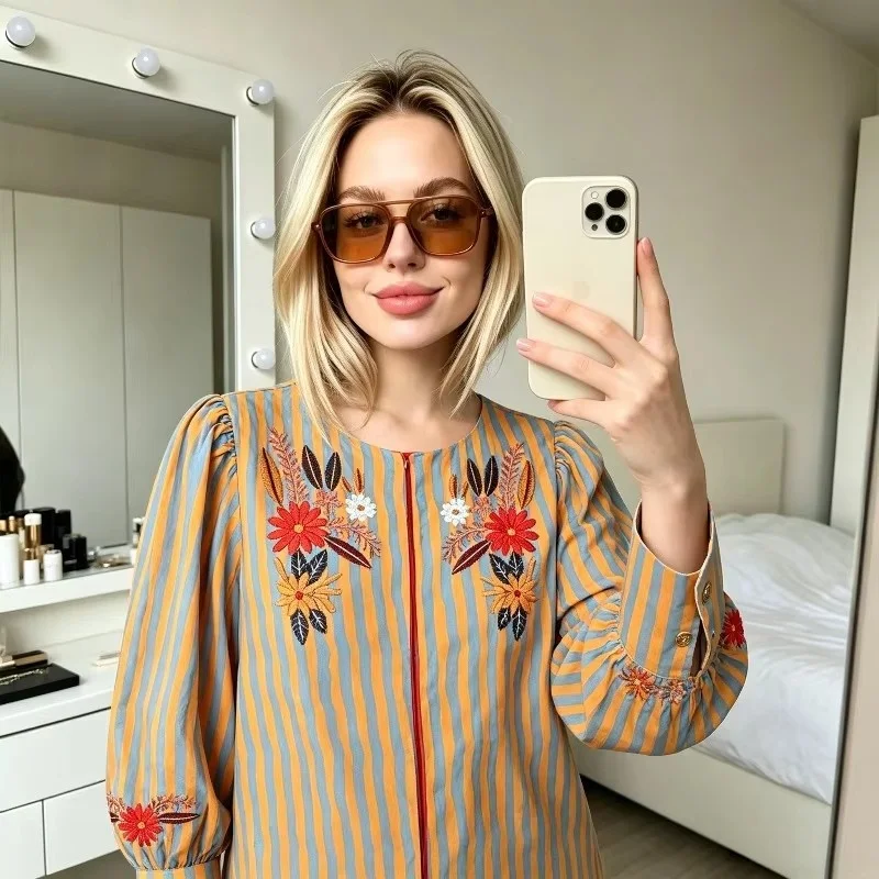 2026 Autumn New Women S Jacket Classic Commuter Style Round Neck Stripe Floral Embroidery Puff Sleeve Fashion Outerwear