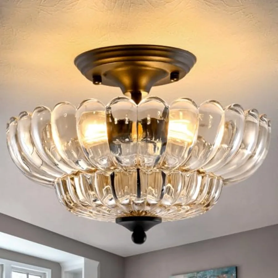 

Modern Semi Flush Mount Ceiling Light, 3-Light Black Close to Ceiling Light Fixture with Cognac Glass Shade for Living Room Ent