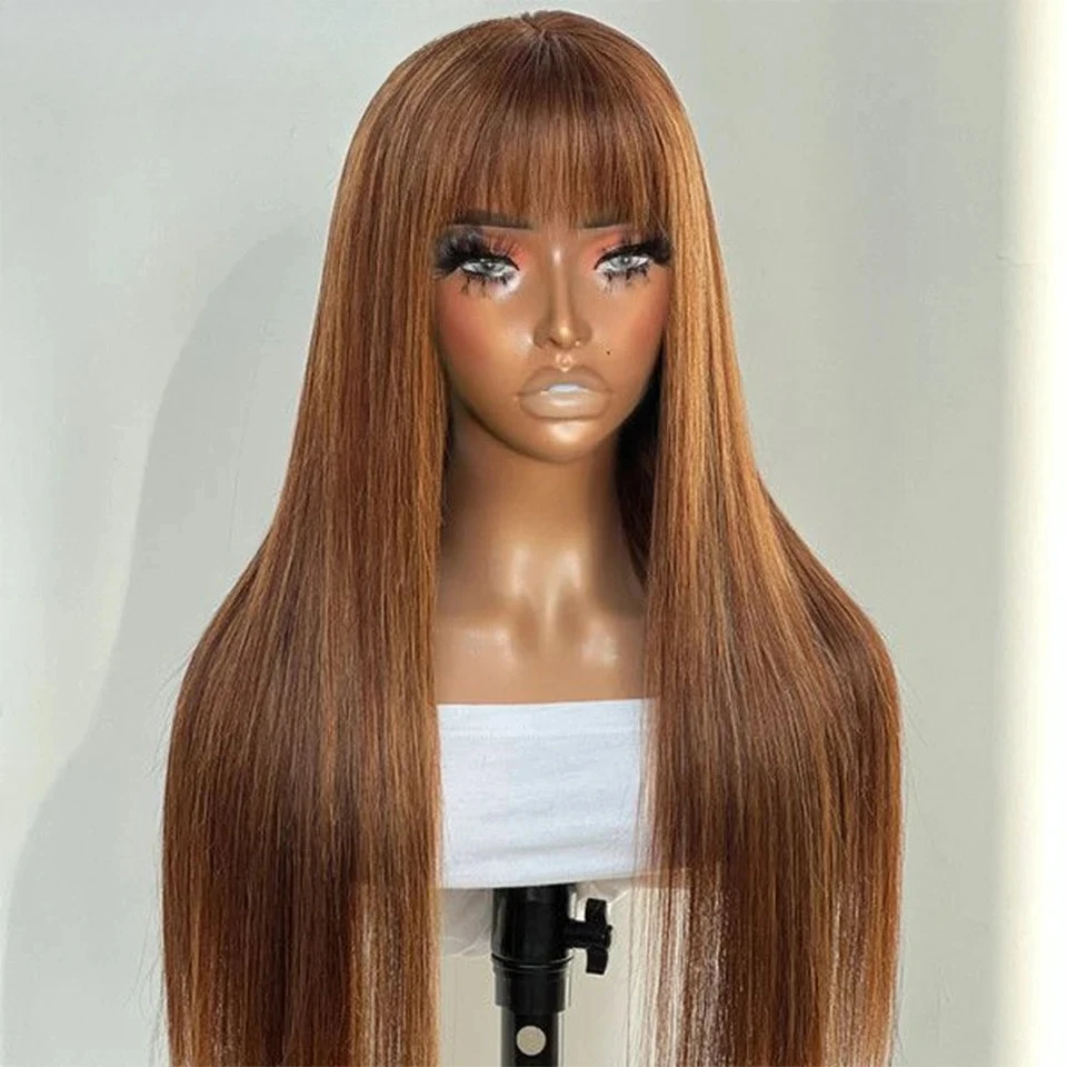 

Highlight P4/30/27 100% Human Hair Wigs Straight With Bangs Fringe Peruvian Straight Human Hair Wigs Full Machine Made Wigs