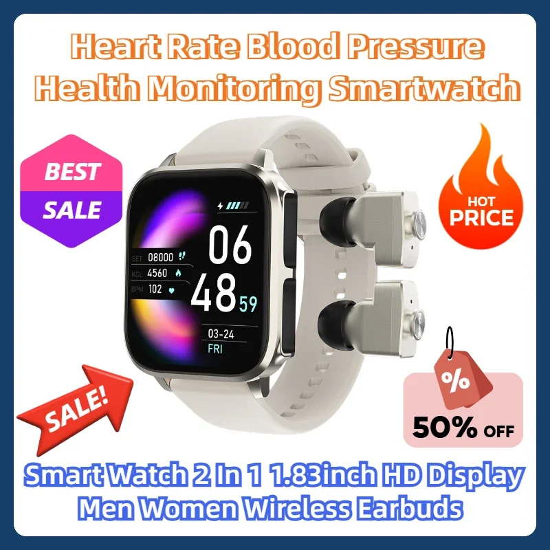 Heart Rate Blood Pressure Health Monitoring Smartwatch Smart Watch 2 In 1 1.83inch HD Display Men Women Wireless Earbuds