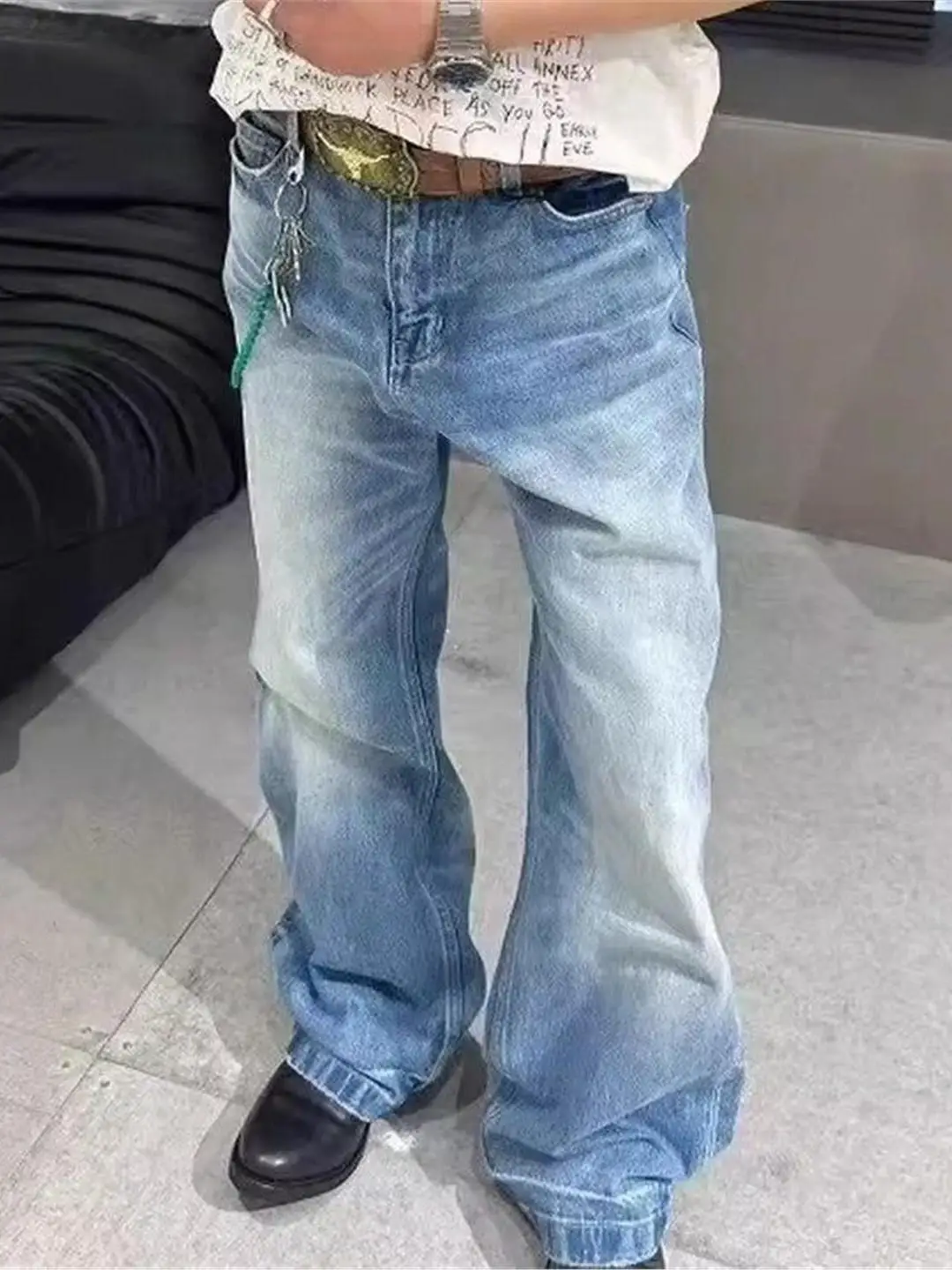 

Retro American Waed A-Line Wide Leg Jeans Men Women Loose Straight Casual Wide Leg Pants Whisker Pattern Casual Jeans