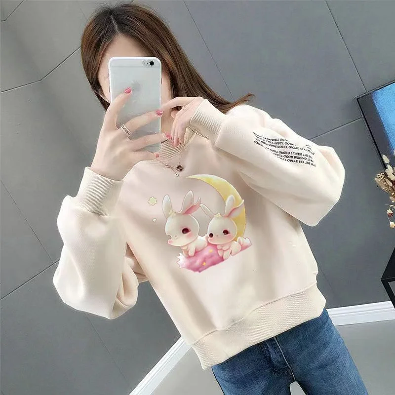 Women Korean Lazy Style Crewneck Sweatshirt Autumn Winter Ins Loose Cropped Top Cute Bunny Moon Print Plush Non Plush Versatile
