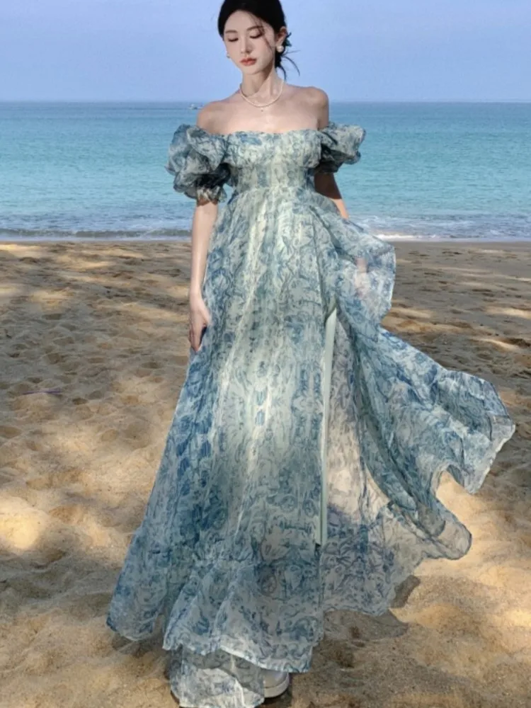 

Summer Print Womens Dresses Elegant Casual Slash Neck Birthday Party Dress French Style A-line Split Vestidos Robe Femme Clothes