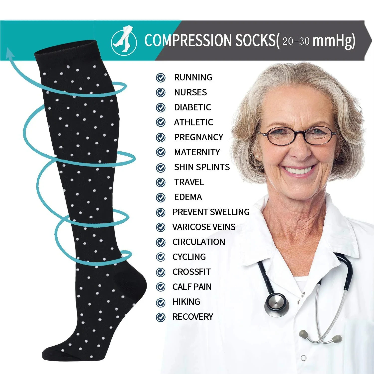 24 Compression Socks For Men Women 20-30mmHg Blood Circulation Prevention Varicose Veins Sports Socks Gym Outdoor Hiking Running