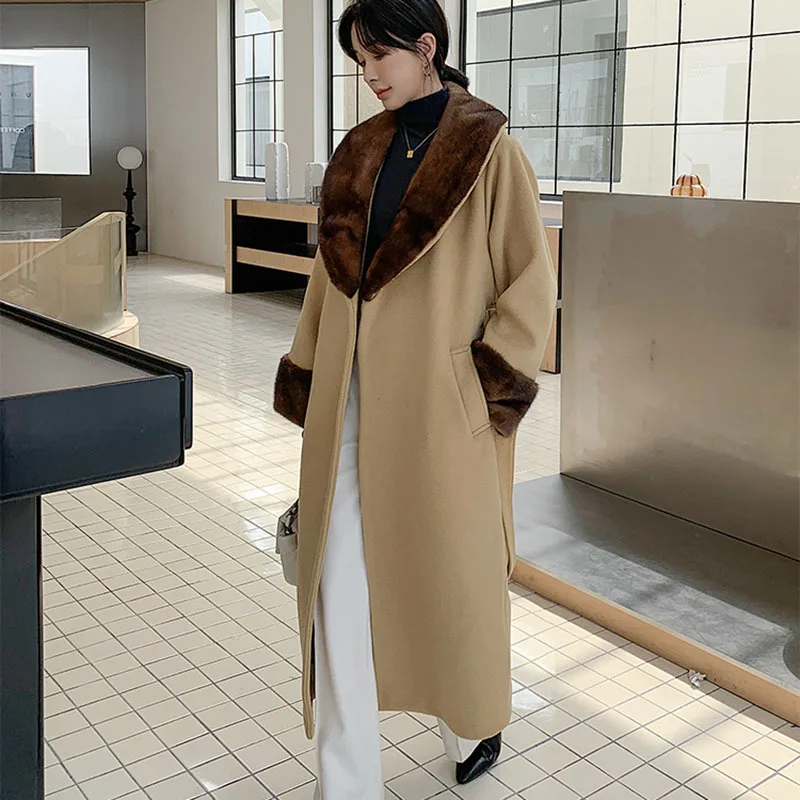 2023 visone Hair Collar Camel accappatoio cappotto di lana a doppia faccia nuova cintura Casual lunga con risvolto Slim Fit lana Overco di alta qualità