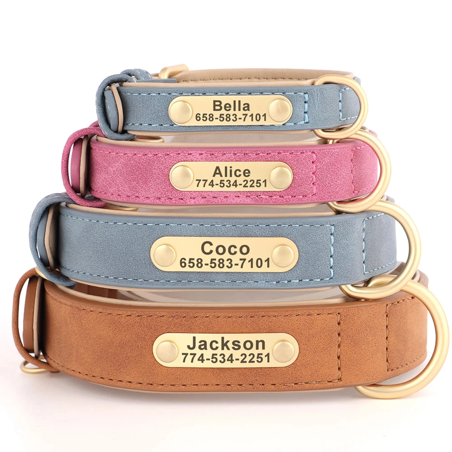 New Soft Padded Personalized PU Leather Dog Collar with Free Engraved ID Tag for Small, Medium and Large Dogs - Ideal for Pugs a