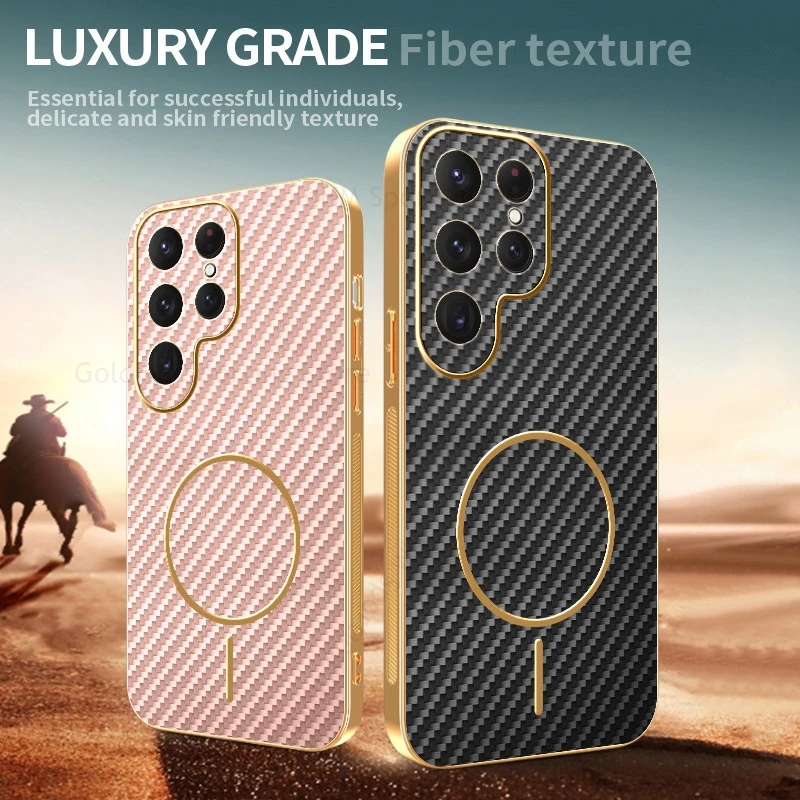 

3D Fiber Texture Plating For Magsafe Case For Samsung S25FE S25Ultra Magnet Magsafing Cover For Galaxy S25 Edge S24 FE S23 Ultra