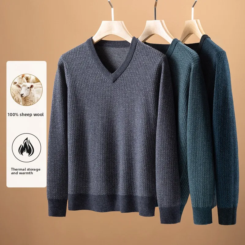 

Мужской вязаный шерстяной свитер с V-образным вырезом, вышивкой и контрастным подолом, длинный рукав, повседневный, теплый, модный, базовый, для осени и зимы