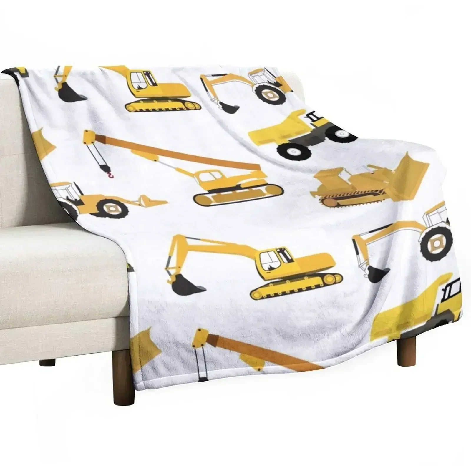 New Construction Trucks - Dump Truck, Excavator, Crane, Bulldozer and Backhoe Throw Blanket Sofa Luxury Tourist Blankets