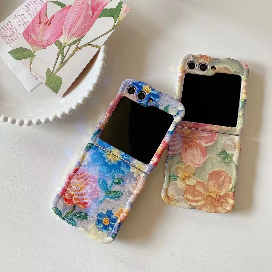 For Samsung Galaxy Z Flip 5 4 3 5G F7110 F7070 Unique Cute Flower Crystal Wave Phone Case Cover