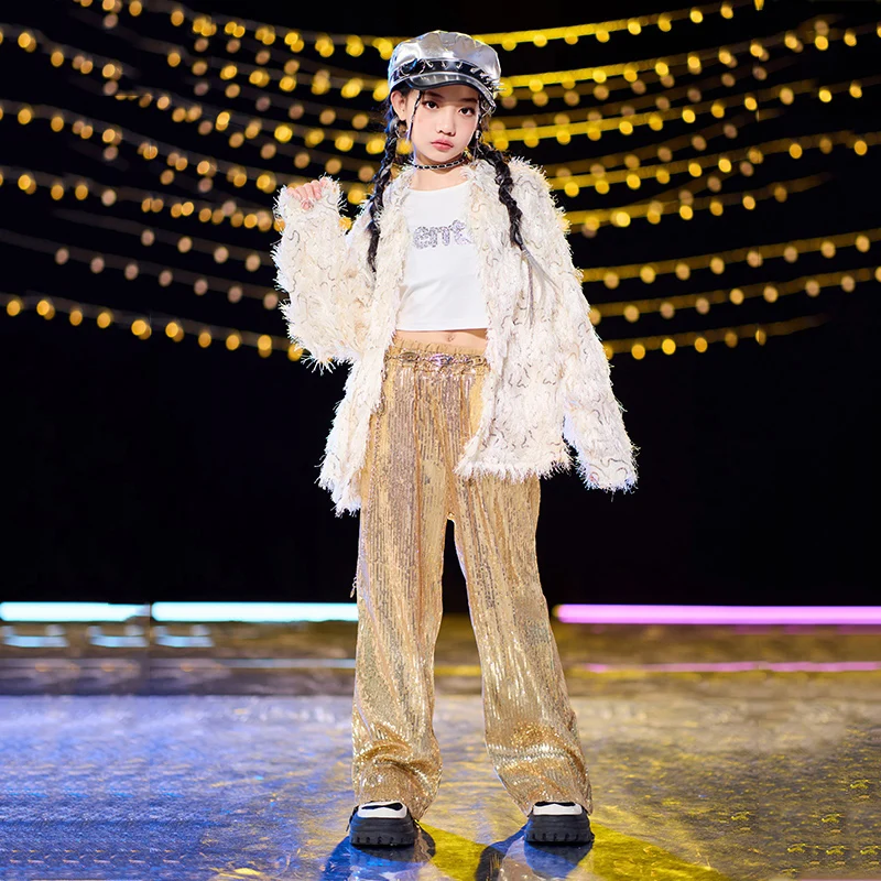 Girls Boys Hip Hop Dance Costume Singer Jazz Concert Performance Clothes Beige Coat Gold Sequin Pants Festival Stage Wear L14512