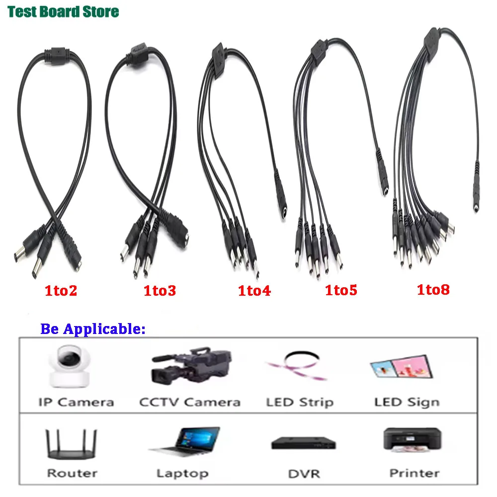 

1pcs 5.5* 2.1mm 1 to 2/3/4/5/8 Way DC Power Splitter Cable 5V 12V Power Adapter Connector Cord For LED Strip Lights CCTV Camera