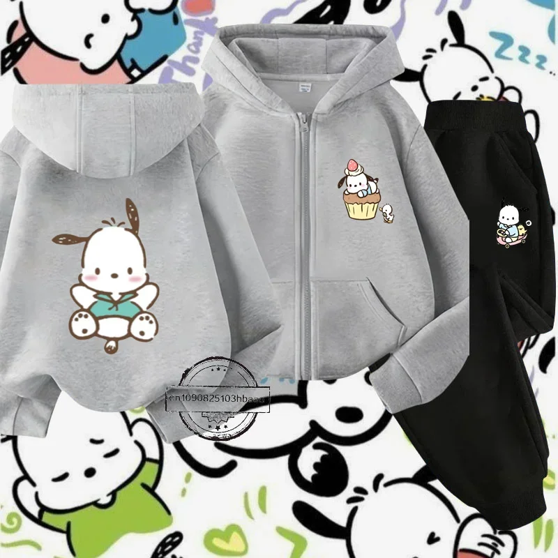 Pochacco Children's hoodie set Autumn and winter long sleeve new Sanrio cartoon cartoon printed zipper shirt for boys and girls