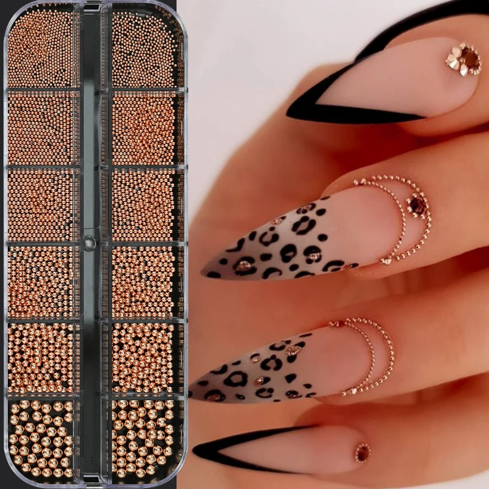 12 rejillas de cuentas de Caviar doradas y plateadas, dijes para uñas de tamaño mixto, Micro bola de acero, decoraciones 3D para uñas, Mini cuentas redondas de oro rosa/negro