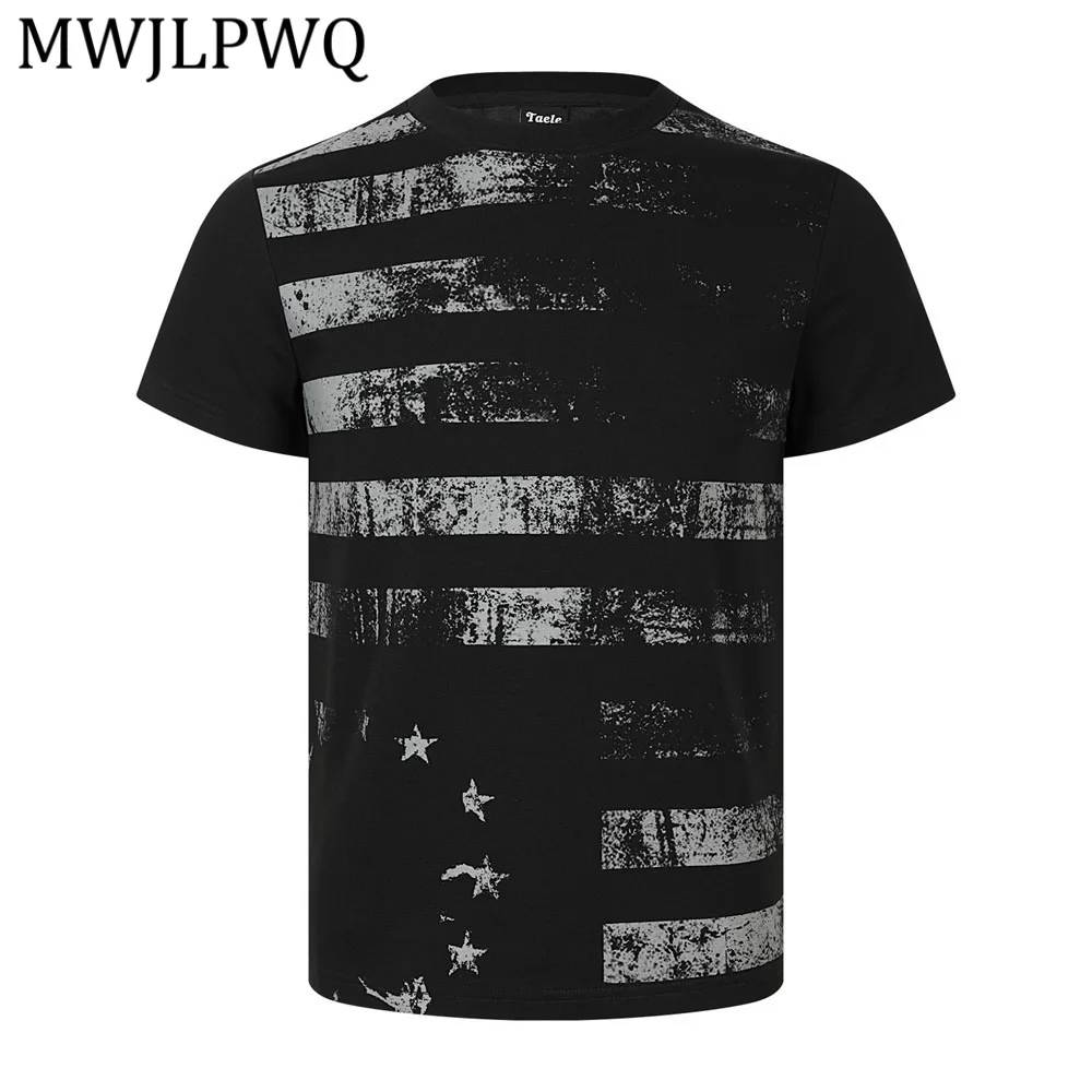 

MWJLPWQ Distressed Striped Print Short-Sleeve T-Shirt Men's Vintage American Style Loose Casual Round-Neck Tee Summer Tops 16101