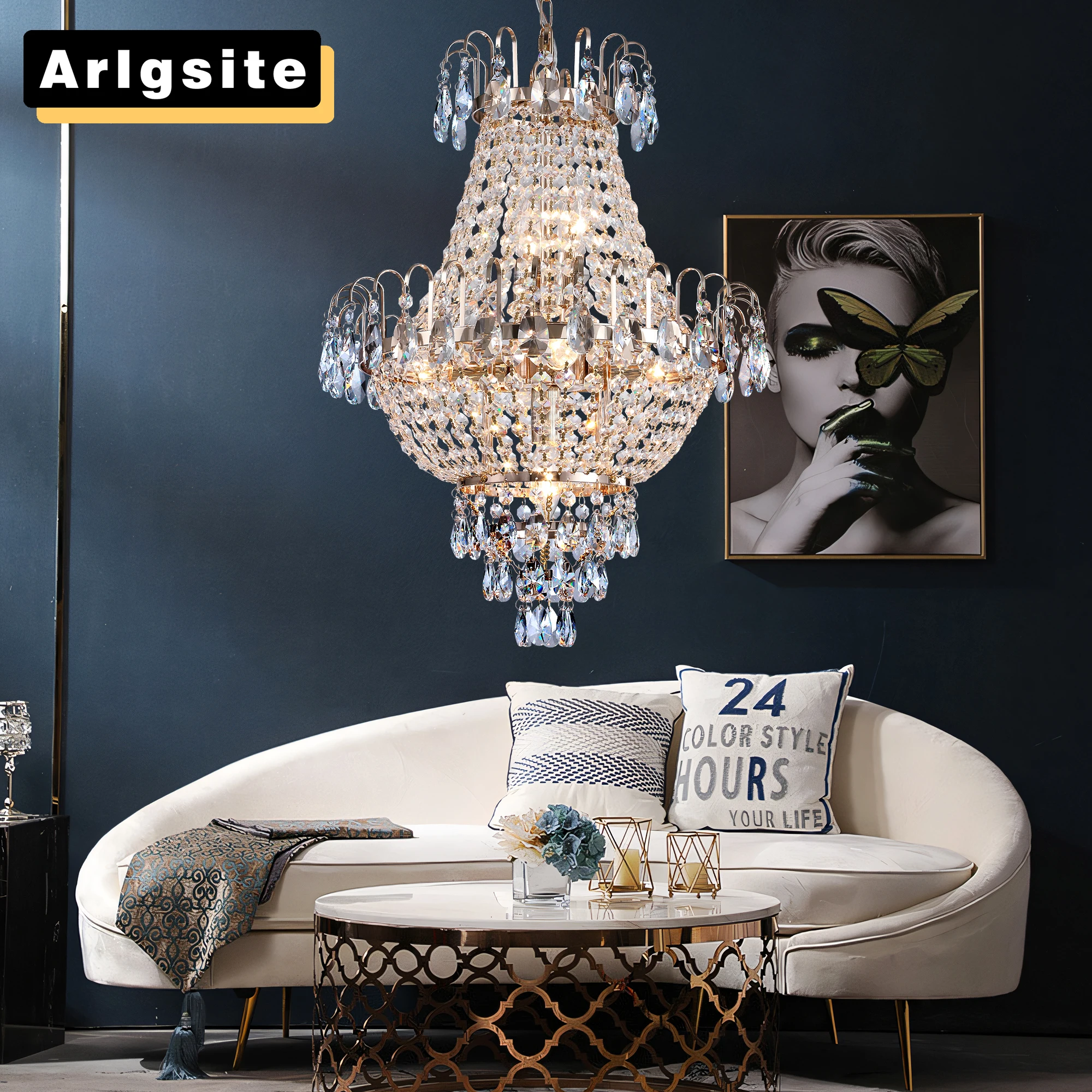 16.9-Inch 7-Head French Gold Crystal Chandelier, Height Adjustable, Suitable for Living Room, Dining Room, Foyer, and Hallway, Vintage Luxury Ceiling/Hanging Dual-Use Lighting Fixture