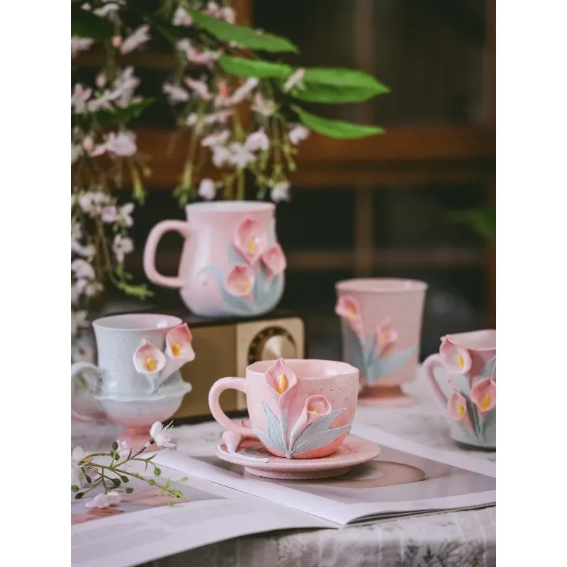Handmade hand-kneaded underglaze color cute fresh three-dimensional ceramic flower coffee cup latte art cup