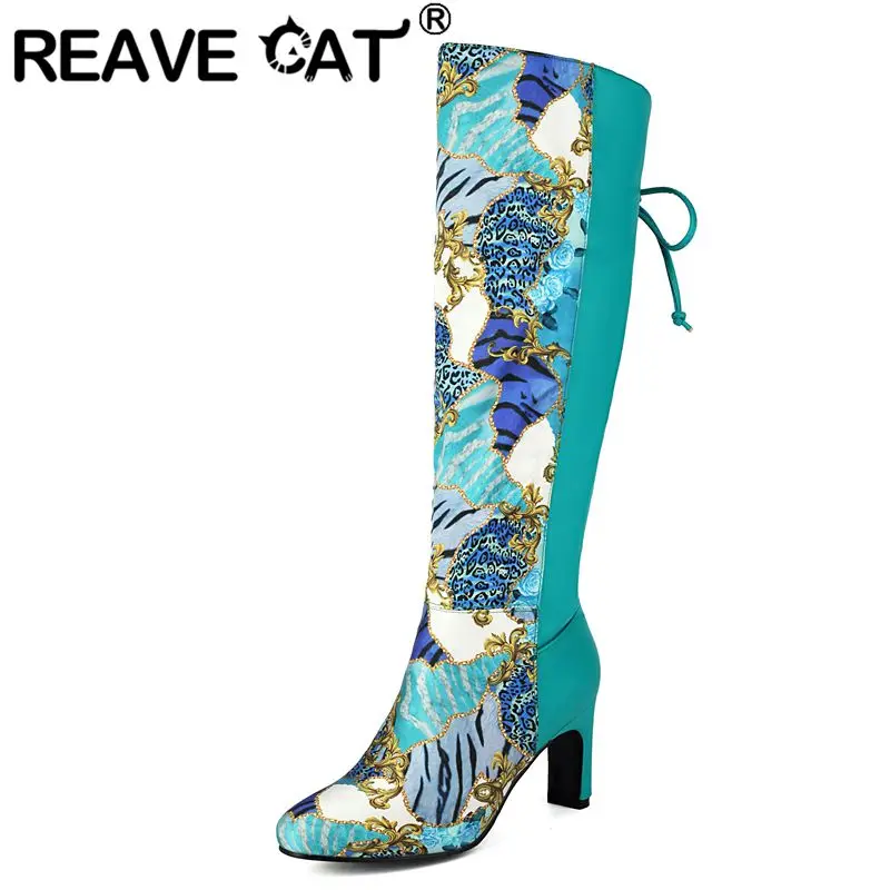 REAVE CAT Design Women Knee Boots Round Toe Block Heels 7.5cm Mixed Color Flower Large Size 42 43 44 Fashion Dating Long Booties