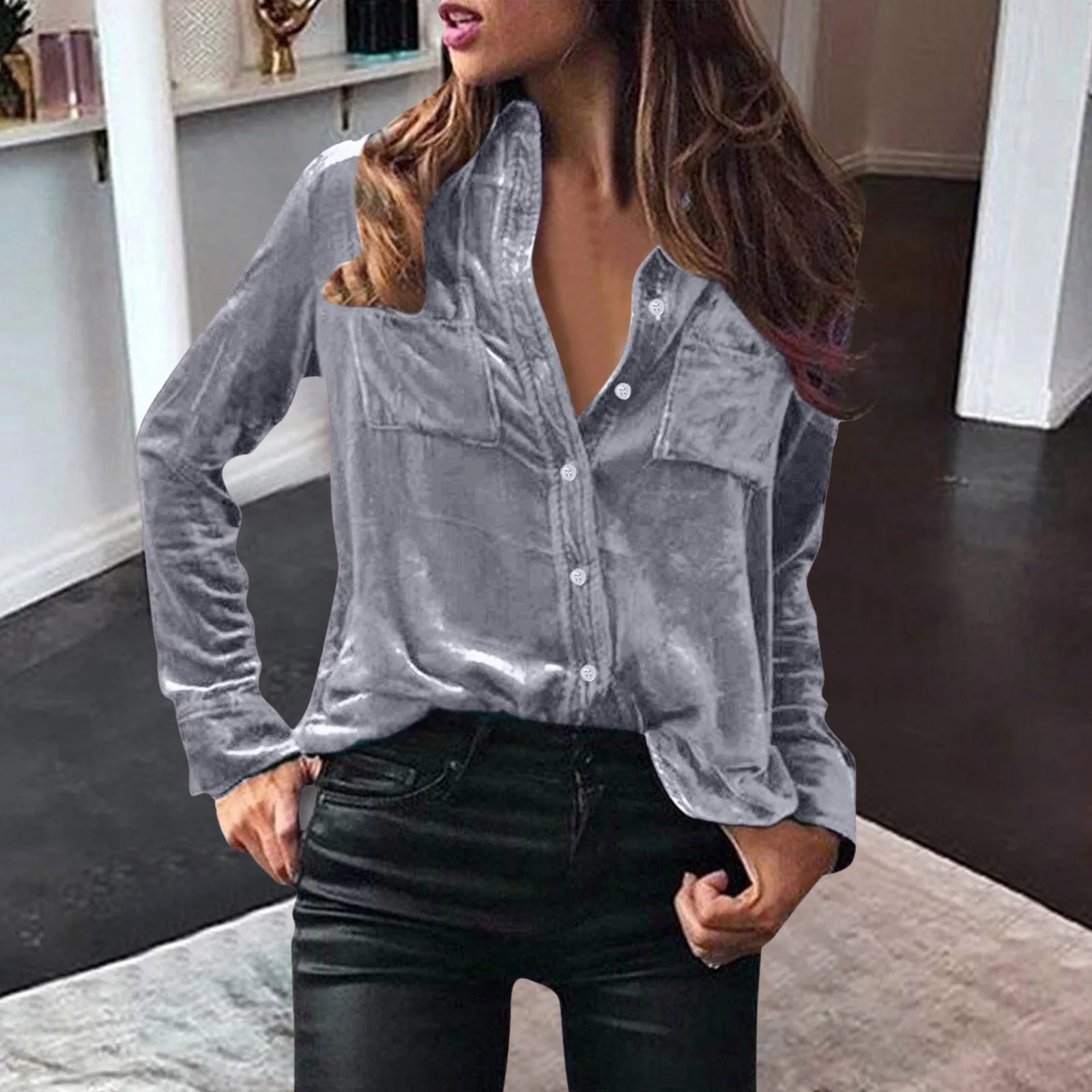 Velvet Shirt For Women\'S Winter Top Velour Shirts Elegant Fashion Long Sleeve Button Solid Top Casual Warm Lapel Femme Blusas