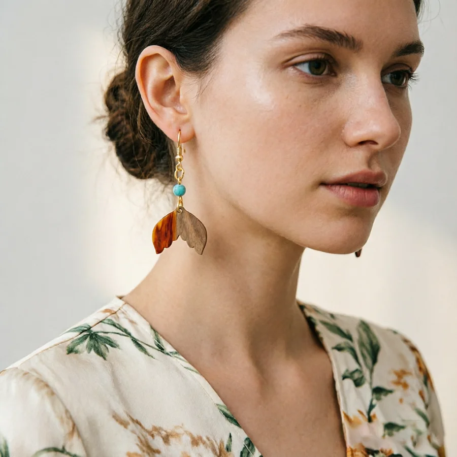 Stylish Fishtail Resin Wood Pendant Earring Women Blue Howlite 4 Colors Options Ear Trinket Holiday Leisure Female Gift Jewelry