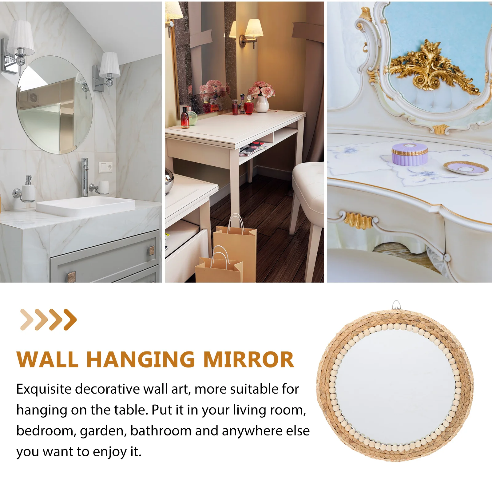 

Straw Rope Wall Mirror Decorative Hanging Lovely Woven Design Round Vintage Rustic Home Bedroom Living Office Hallway