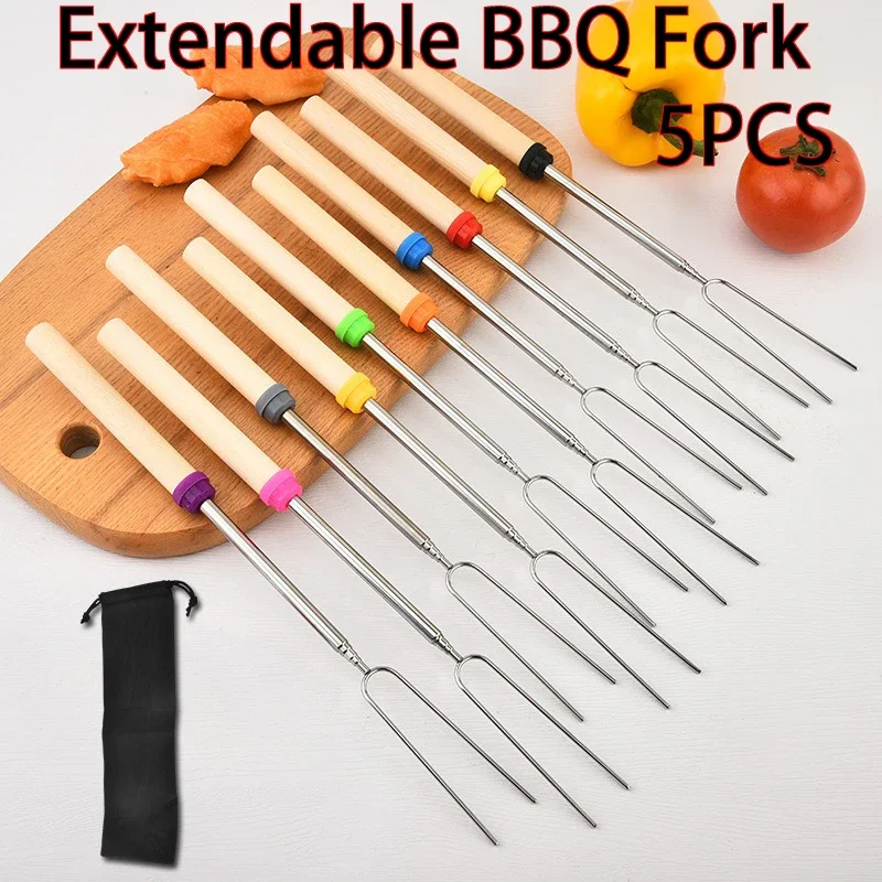 

5Pcs/Set Marshmallow Roasting Sticks with Wooden Handles Extendable Grill Forks Smores Skewers for Campfire Firepit Sausages BBQ