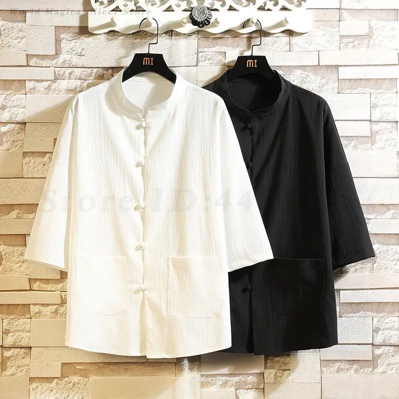 Spring Summer Men Shirt Chinese Style Traditional Tang Clothes Three-Quarter Sleeve Top Retro Button Loose Tai Chi Clothes 5XL