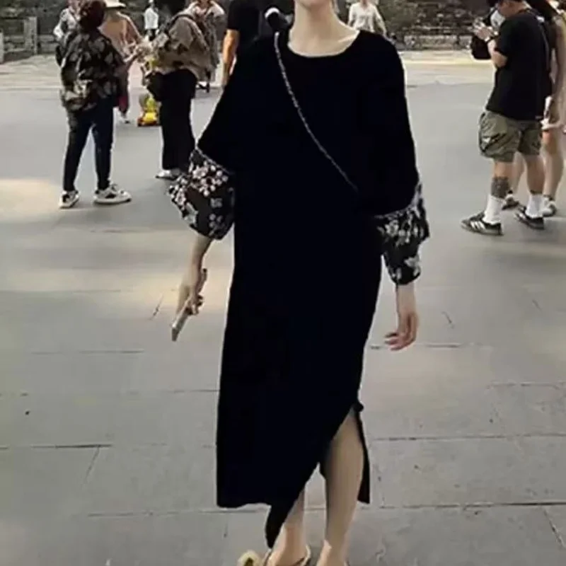 

Новое осеннее длинное прямое платье, женское бархатное платье трапециевидной формы в китайском стиле с круглым вырезом и вышивкой на рукавах, винтажное платье Y2k