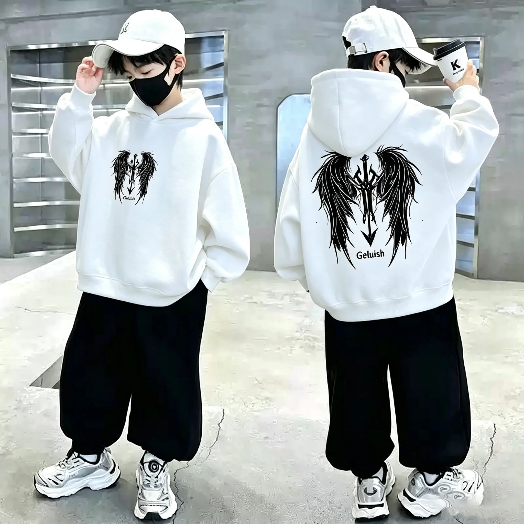 Jungen-Hoodie, Streetwear, Engelsflügel, Dreizack-Print, lockeres Kapuzen-Sweatshirt für Kinder, lässiger Teenager-Pullover