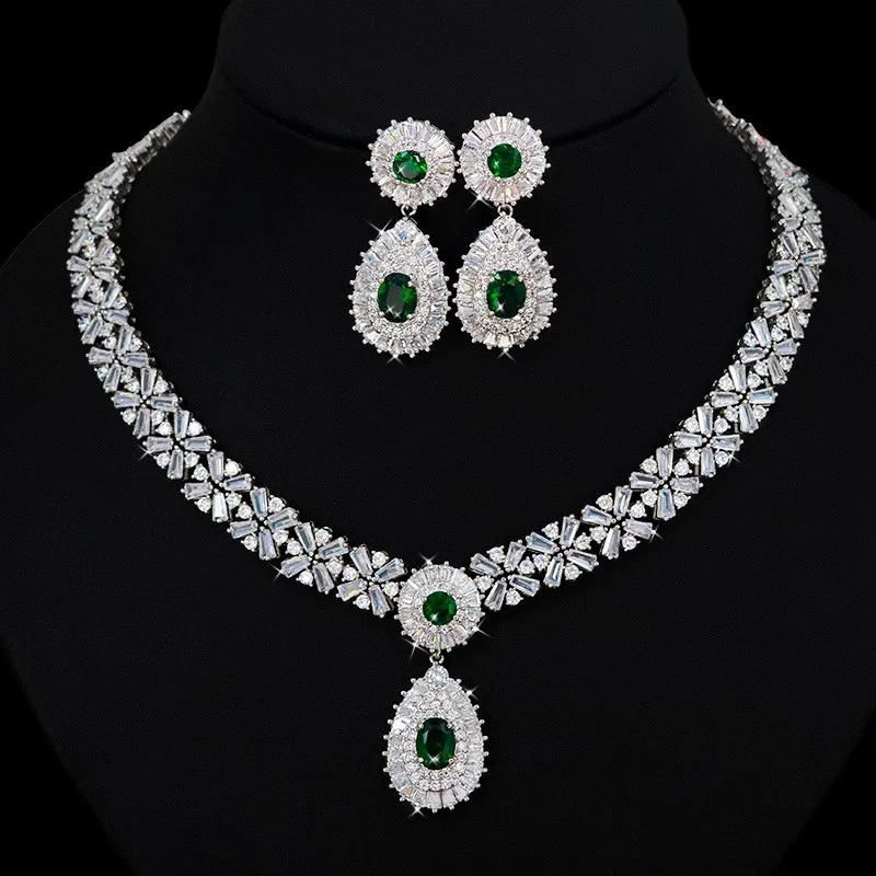 CC Fashion Jewelry Set for Women Zirconia Wedding Necklace and Earrings White Gold Plated Luxury Party Accessories