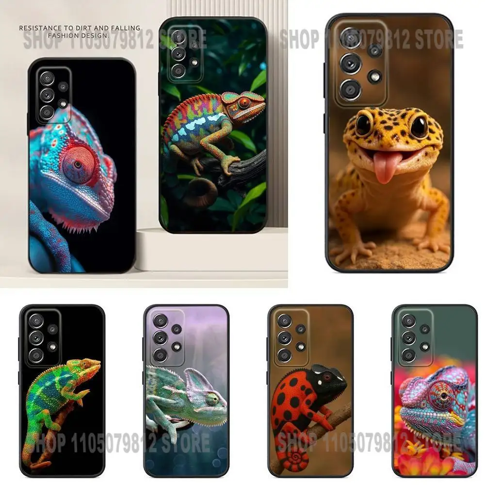 

Cute Animal Chameleon Phone Case For Samsung S25,24,23,22,21,20,Ultra,10,10E,Plus Note20 Black Case