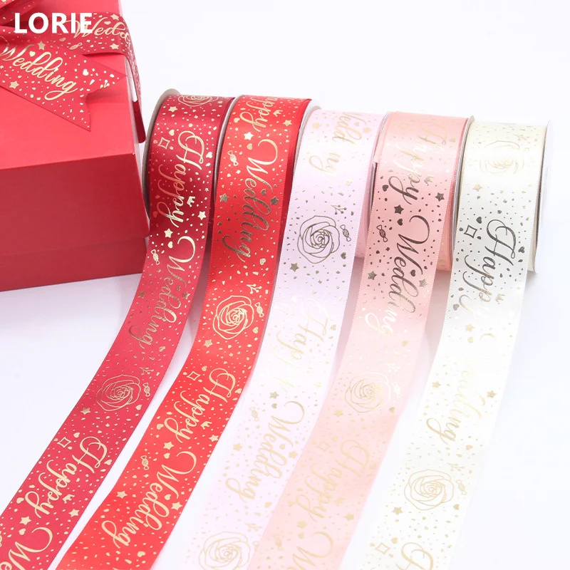 

LORIE 4cm Hot Stamping Ribbon Happy Wedding Ribbon Wedding Gift Box Packaging Ribbon Customized 2024