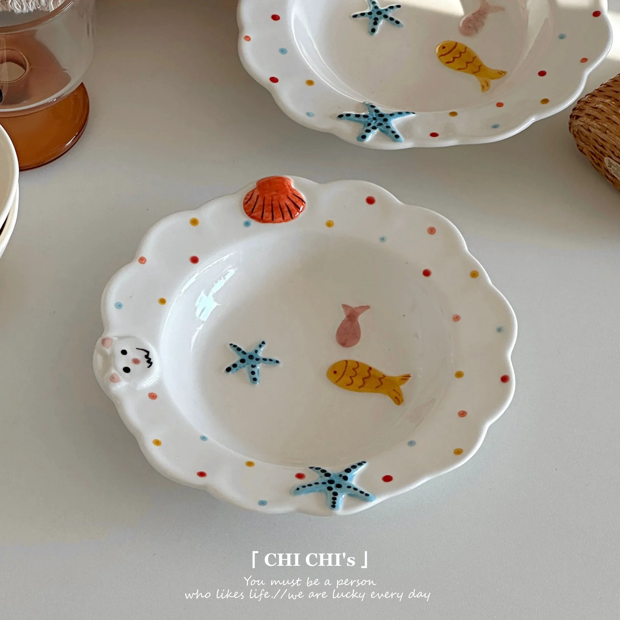 Hand Painted Ocean Theme Ceramic Tableware Polka Dot Starfish Shell Dessert Plate Household Breakfast Plate