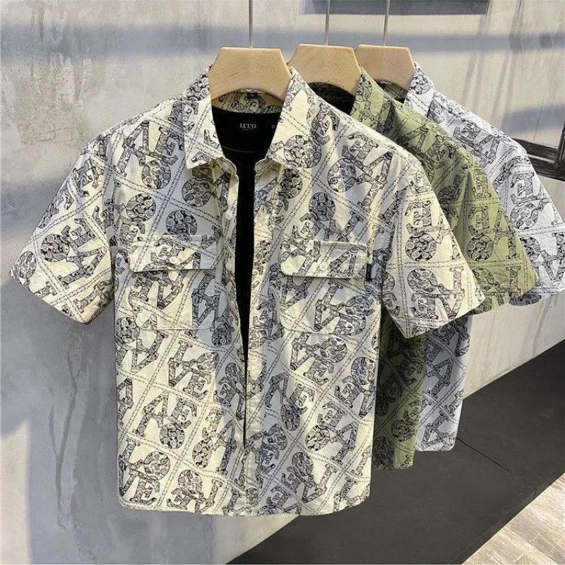 

Juspinice Lazy Style Lightweight Printed Shirts for Men Summer Turn-down Collar Short Sleeves Loose Casual Fashionable Retro Tee