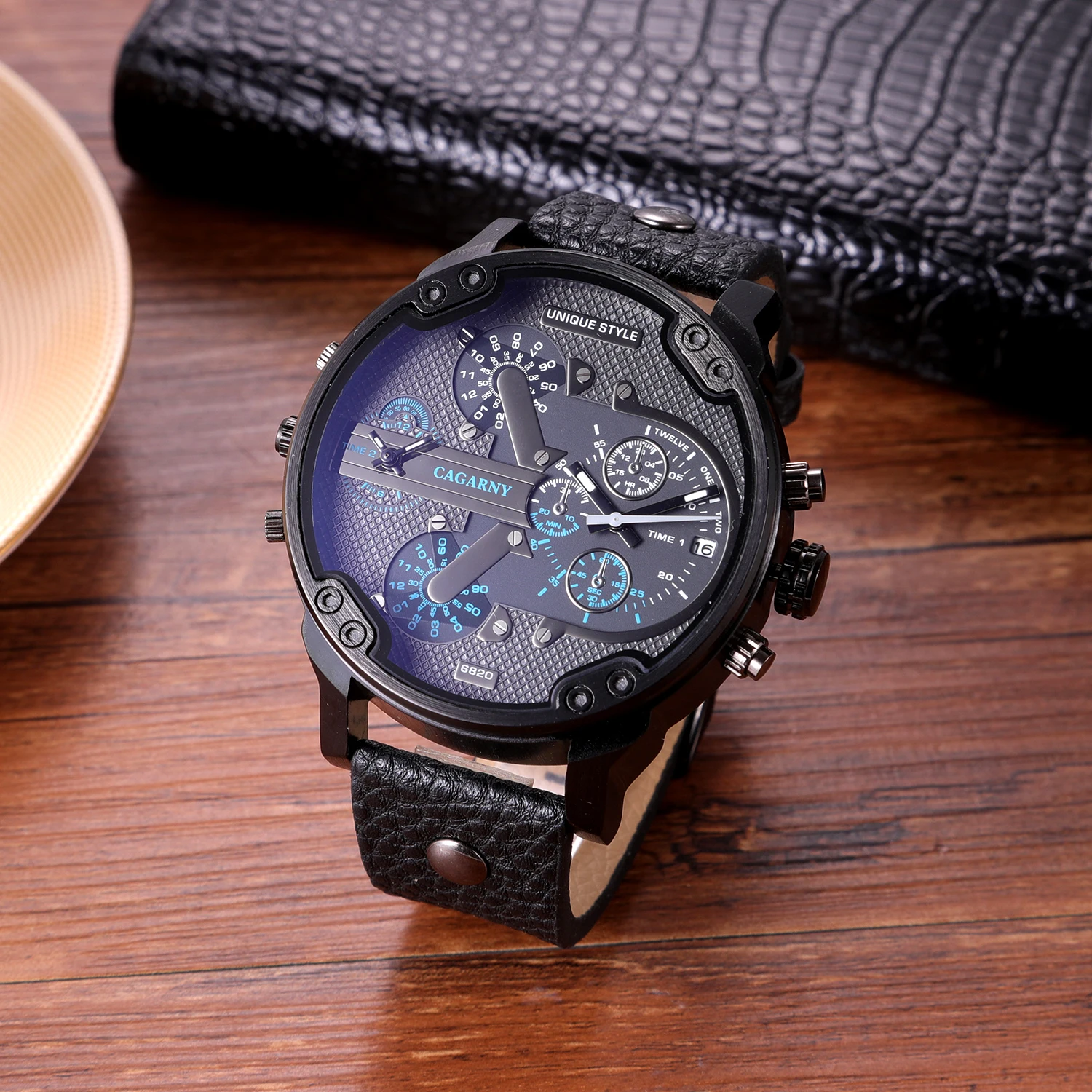 CAGARNY Original Brand Large dial 6820 dual time zone Leather Man Wristwatch Date Waterproof Fashion Casual Men\'s Quartz watches