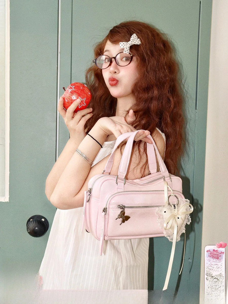 Punk Style Motorcycle Bag Sweet Cool Girl Pink Fashionable Handbag Shoulder Crossbody Bag Removable Strap Spring Summer