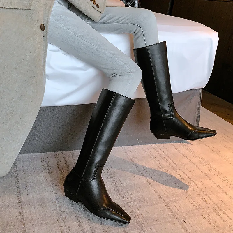 

Autumn black cowhide Sewing Modern boots Square toe slip-on Low heel Knee high boots Large size simple style Boots