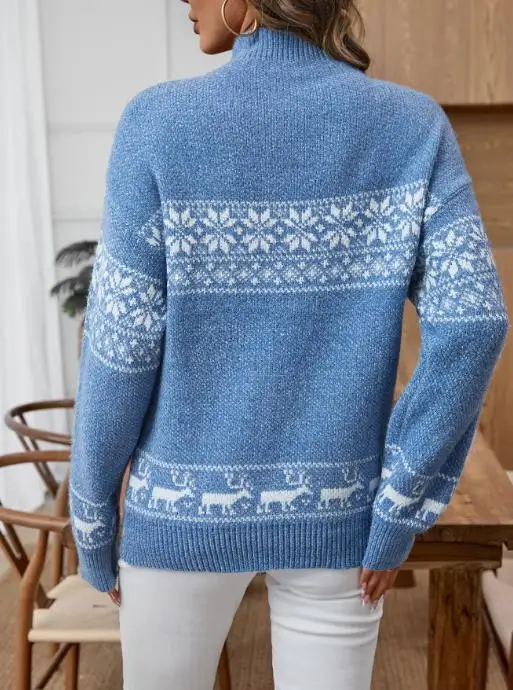 Maglione lavorato a maglia jacquard con fiocco di neve di Natale Autunno/Inverno 2025 Collo alto Manica lunga Mezza lunghezza Accogliente caldo Alla moda