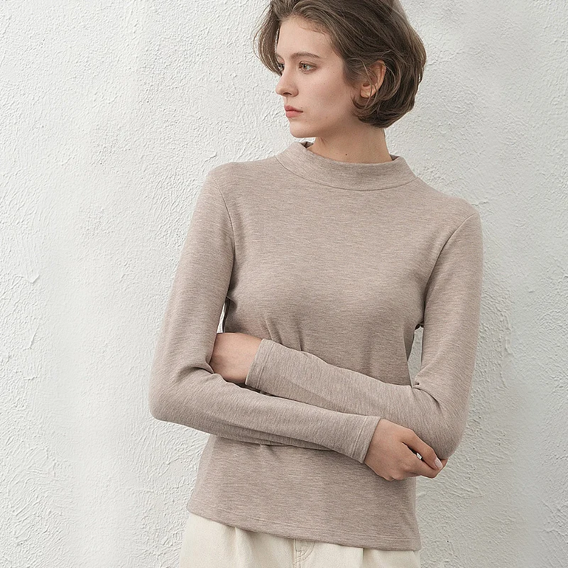 Woman Fleece Thermal T Shirts, Mock Neck, Long Sleeved, Silk Blend Fabric, Basic Tee, 2023 Fall Winter Top, DALINN