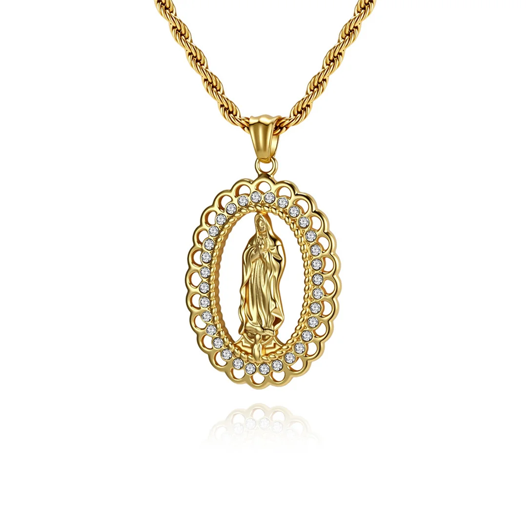 Collier religieux en acier inoxydable couleur or et argent, avec pendentif Vierge Marie en zircon cubique (CZ) style bling, pour femme et homme, bijoux de foi chrétienne